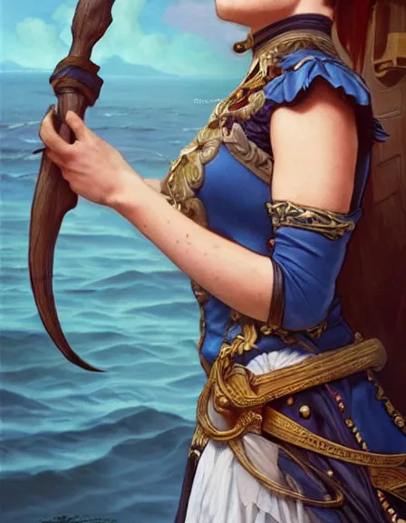 Image similar to fully clothed armed female pirate captain with a male deckhand partner, sun, summer, blue eyes, beauty, wisdom, love, strength, knowledge, smart, portrait, symmetrical, highly detailed, digital painting, artstation, smooth, sharp focus, illustration, strength, art by artgerm and alphonse mucha and louis theophile hingre. 8 k