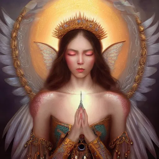 Image similar to A beautiful digital painting of a female Seraphim full of jewels, princess, the moon behind her, intricate, cinematic lighting, highly detailed, digital painting, Artstation, concept art, smooth, sharp focus, illustration, art by Tom Bagshaw, Artgerm and Greg Rutkowski