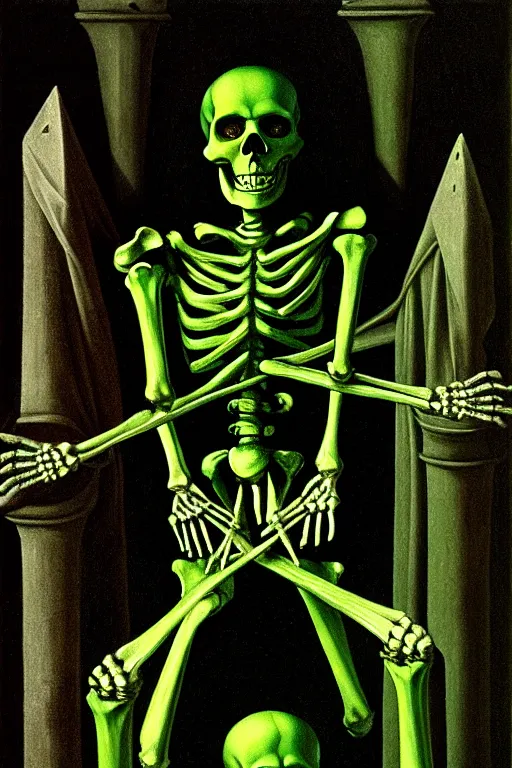 Prompt: a skeleton holding one hand aloft, glowing green candles, obelisks and black pyramids, obsidian ground, oil painting, high detail, dark lighting, atmospheric, extremely detailed, intricate, da vinci, michelangelo, caravaggio, hans holbein, raphael, donatello, 8 k