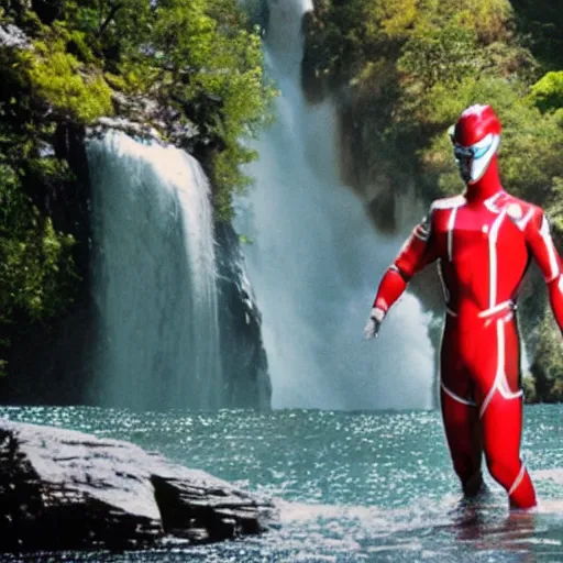 Prompt: a realistic photo of an ultraman swimming in a waterfall in the mountain