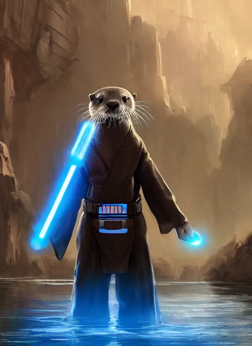 Prompt: portrait, anthropomorphic otter wearing Jedi robes wielding a blue lightsaber in a futuristic river town. Dramatic lighting, cinematic, establishing shot, extremely high detail, photo realistic, post processed, artstation, matte painting, style by eddie mendoza, raphael lacoste, alex ross