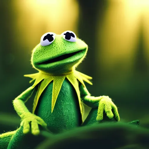 Image similar to very very very very cute baby Kermit the Frog, portrait, pixar style, forest background, cinematic lighting, award winning creature portrait photography