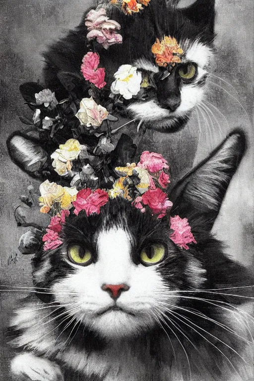 Prompt: close - up black and white curious cat, symmetrical, beautiful, colourful flowers bouquet, cinematic lighting, highly detailed, digital art, oil painting, highly detailed, sharp focus, matte painting, renaissance painting, by kinkade, by alphonse mucha, by leyendecker, by rutkowsky,