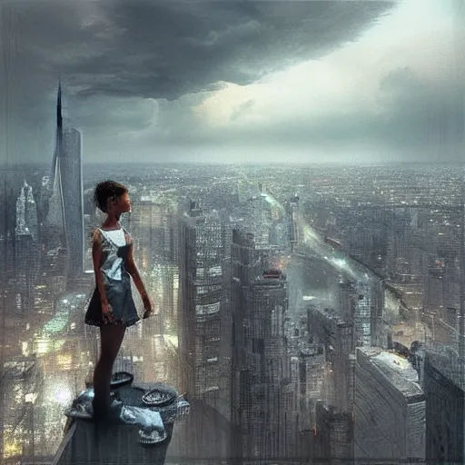 Image similar to “ a girl standing on a ledge looking down at a futuristic new york city below, storm clouds, digital art, hyper - realism, sketch by craig mullins ”