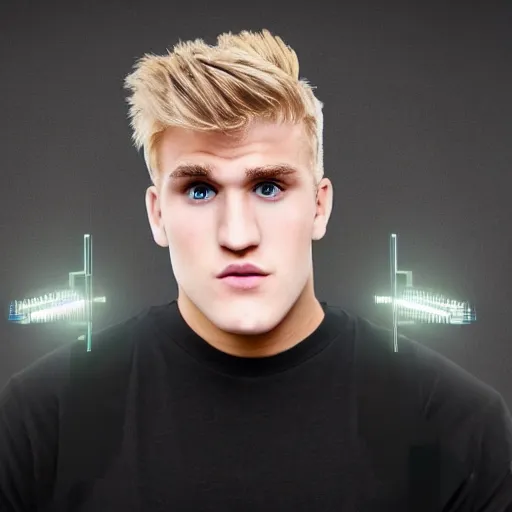 Prompt: a realistic detailed photo of boxer & youtuber jake paul with a mind control chip on his head, blank stare, shiny skin, becoming a mindless robot