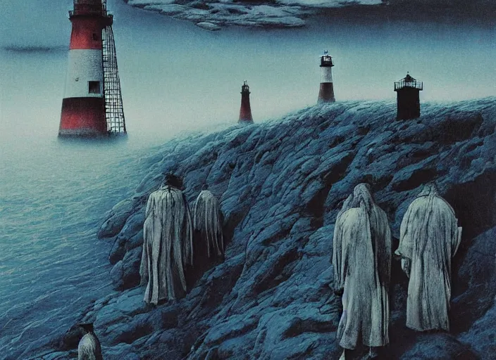 Image similar to worshippers in robes belonging to the cult of the lighthouse standing in waves with ravens flying overhead, a lighthouse, ravens, high detailed beksinski painting, part by adrian ghenie and gerhard richter. art by takato yamamoto and gerald scarfe. masterpiece, dark and moody, deep colours, blue - h 8 9 6