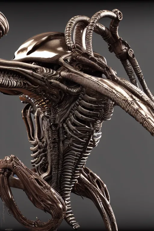 Image similar to detailed intricate biomechanical xenomorph artifact on display, cinematic render