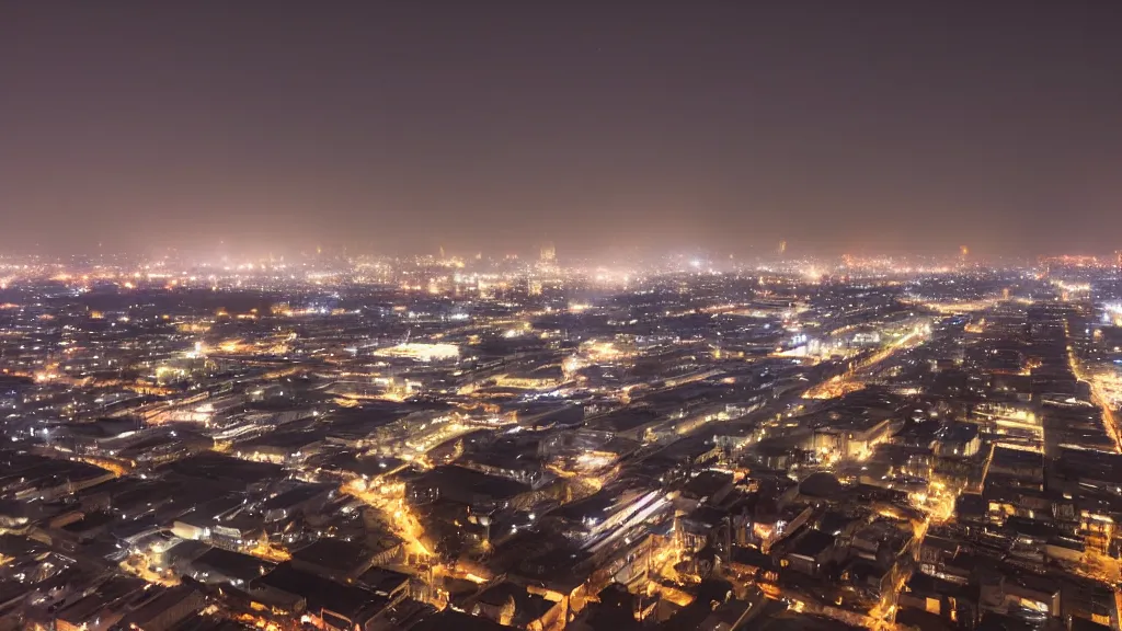 Prompt: High angle shot of a vast industrial area. Smoke rises in the air. It is nighttime. Buildings are visible in the background.