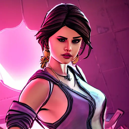 Image similar to selena gomez portrait, borderlands, tales from the borderlands, the wolf among us, comic, cinematic lighting, studio quality, 8 k