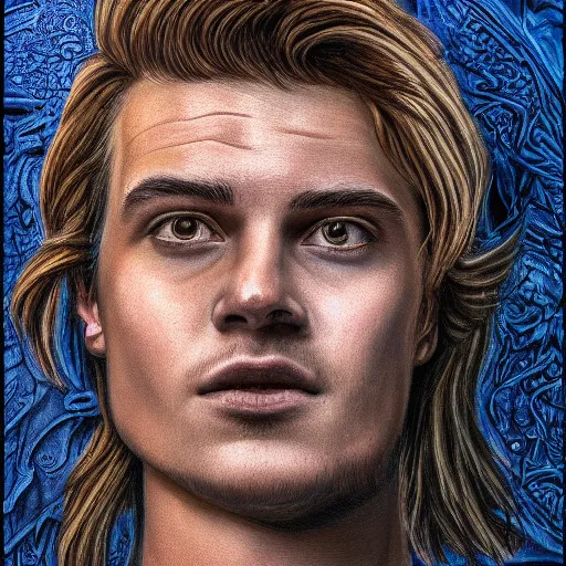 Prompt: a detailed portrait of Joe Keery in the style of giger, 8k, ornate, intricate