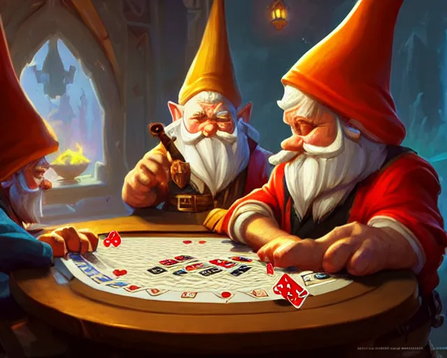 Image similar to gnomes playing poker, deep focus, d & d, fantasy, intricate, elegant, highly detailed, digital painting, artstation, concept art, matte, sharp focus, illustration, hearthstone, art by artgerm and greg rutkowski and alphonse mucha