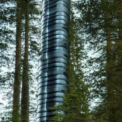 Image similar to a huge futuristic tower in the middle of a calm forest