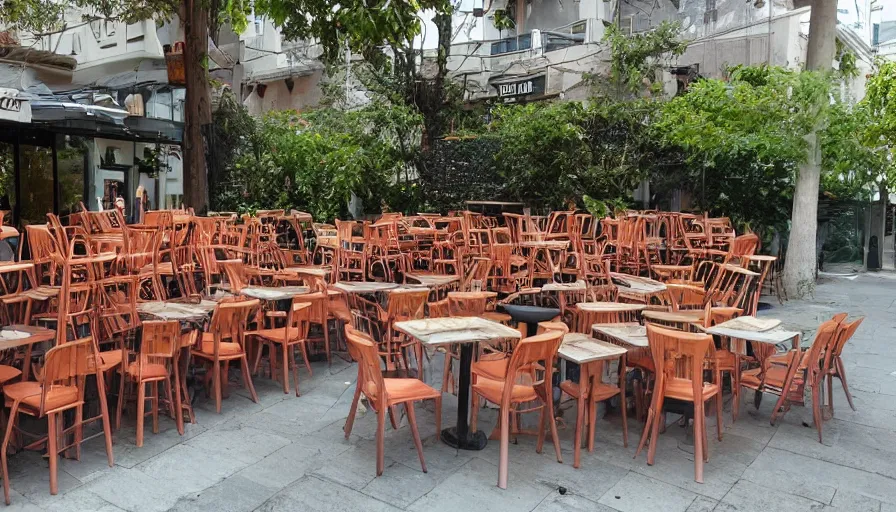 Image similar to a huge pile of chairs along outside the walls of the restaurant, hyperrealistic shaded