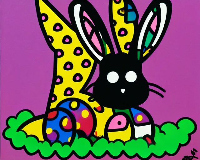 Prompt: a super cute black bunny, fine art by romero britto