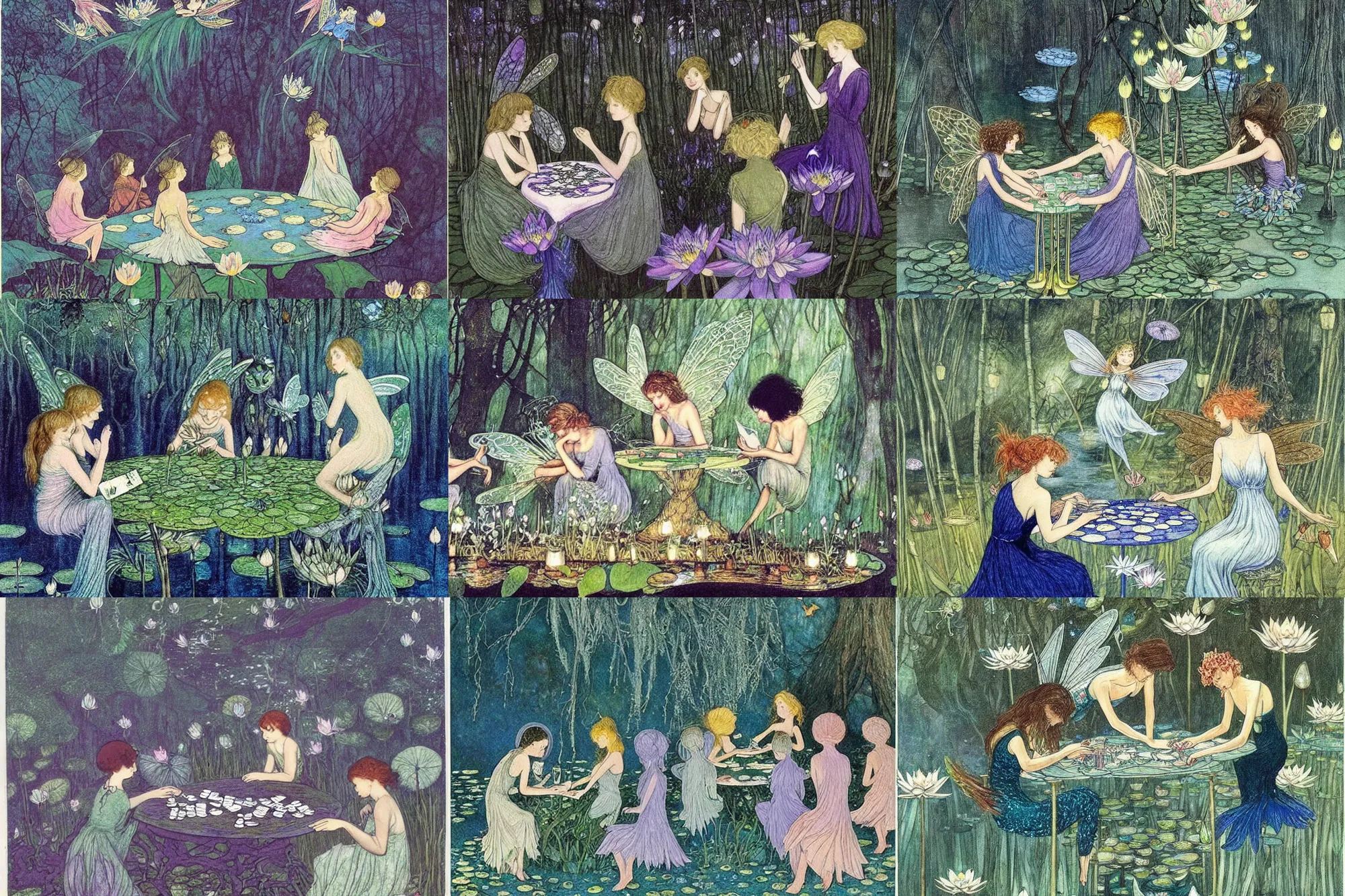 Prompt: a group of gracious winged fairies!! playing cards!! on a table in an atmospheric moonlit forest next to a beautiful pond!! filled with water lilies!!, artwork by ida rentoul outhwaite