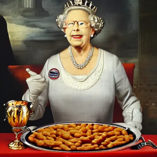 Image similar to baked beans oozing out of queen Elizabeth the second's mouth