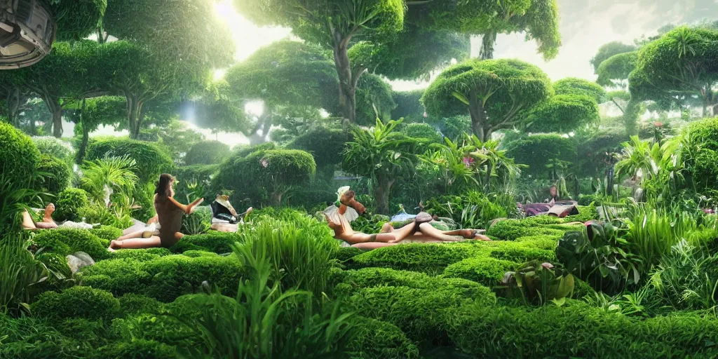 Image similar to a holodeck garden, beautiful and lush, with people lounging in chairs wearing vr headsets and eeg caps, wonderfully zen atmosphere, digital concept art, octane render 1 6 k, incredible masterpiece, futuristic and amazing