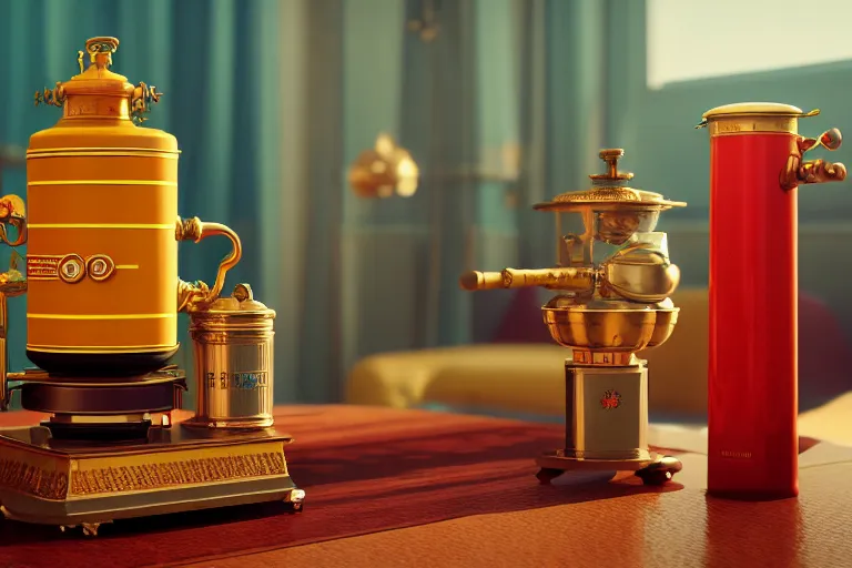 Prompt: a very detailed concept art of wes anderson samovar, trending on artstation, digital art, 4 k, hyper realistic, octane render, sharp focus