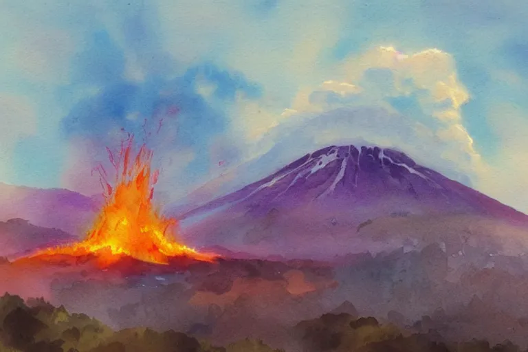 Image similar to peaceful sunny landscape with burning volcano in center and heavy thunderstorm above it, aquarelle painting, trending on artstation, 4 k