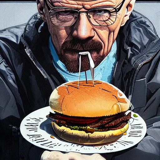 Prompt: painting of walter white eating a hamburger, illustration, artistic, colorful, hyper detailed, in the style of Greg Rutkowski,