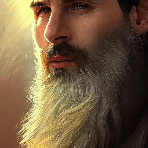 Image similar to Lionel Messi with a majestic beard, closeup, D&D, fantasy, intricate, elegant, highly detailed, digital painting, artstation, concept art, matte, sharp focus, illustration, art by Artgerm and Greg Rutkowski and Alphonse Mucha