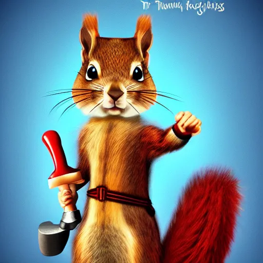 Image similar to the squirrel thor ~ holding his hammer ~ dramatic thunder background ~ fighting scene ~