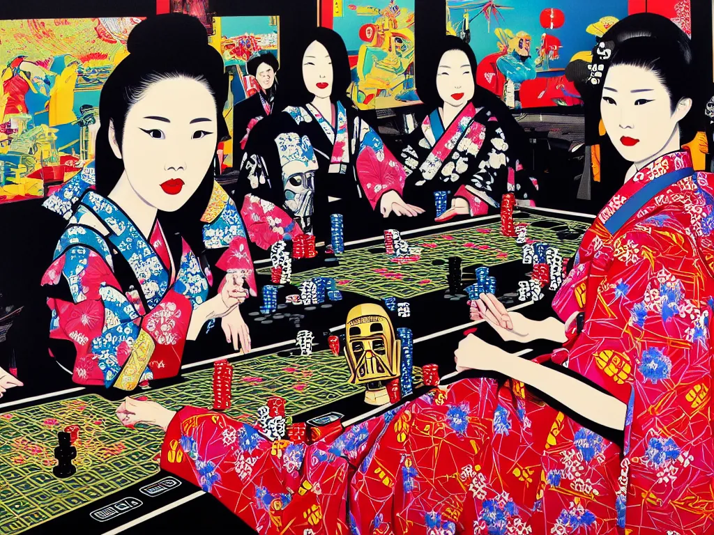 Image similar to hyperrealistic composition of the detailed woman in a japanese kimono with a ( ( c 3 p 0 ) robot head sitting at a extremely detailed poker table with darth vader, fireworks, mountain fuji on the background, pop - art style, jacky tsai style, andy warhol style, acrylic on canvas