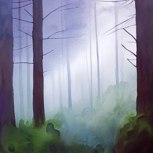 Image similar to watercolor painting of a forest in the fog by the ocean, dramatic lighting, peaceful