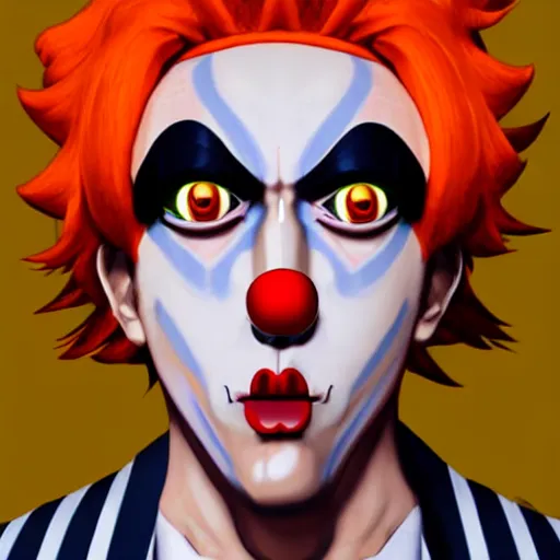 Prompt: a clown wearing orange wig and striped shirt, art by hirohiko araki, hirohiko araki, araki artwork, jjba concept art,