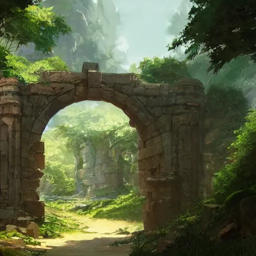 Image similar to concept art painting of an ornate ancient stone archway, in the woods, realistic, detailed, cel shaded, in the style of makoto shinkai and greg rutkowski and james gurney