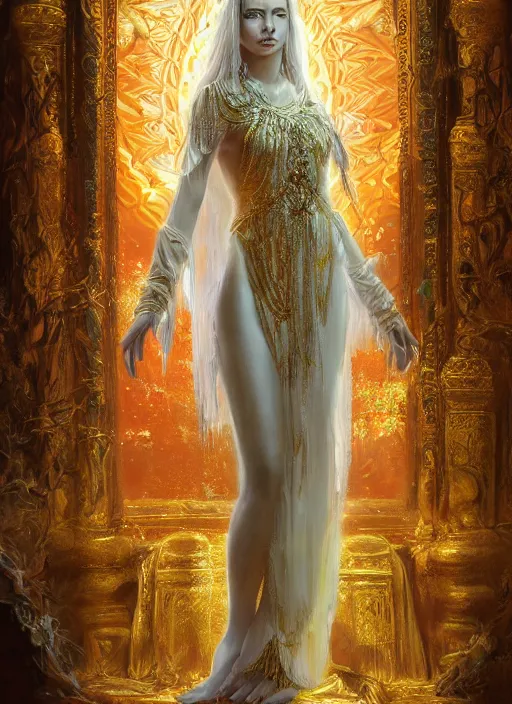 Image similar to soft focus oil painting on canvas of beautiful full body concept art, beautiful faced female priestess with shiny hair wearing full intricate clothing standing in a slimy temple, godray, intricate lighting, micro detail, cg society