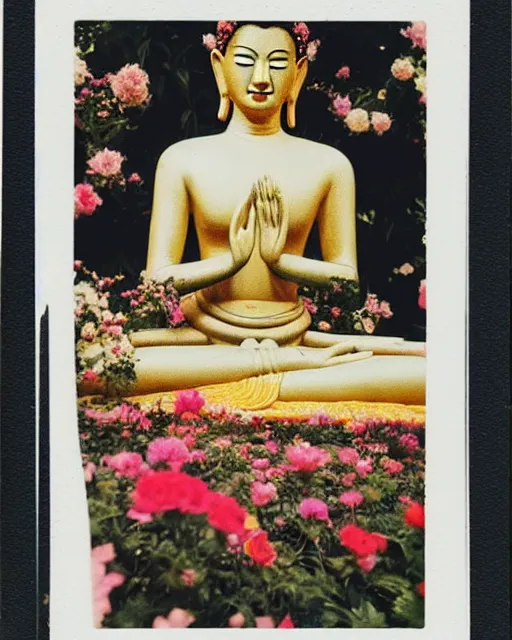 Image similar to beautiful woman reaching nirvana, surrounded by ornaments and flowers, polaroid photography