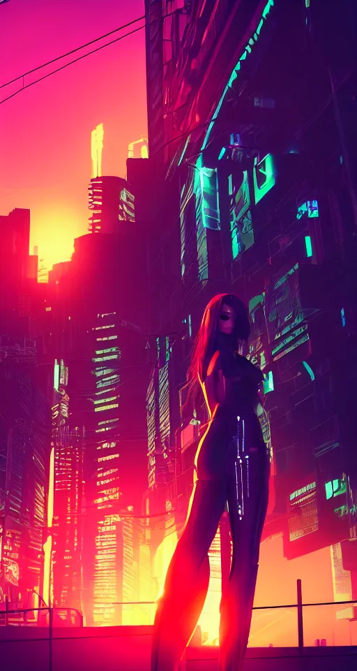 Image similar to sunset, cyberpunk women, city, neon lights, glow, atmospheric, cinematic, retrowave style,