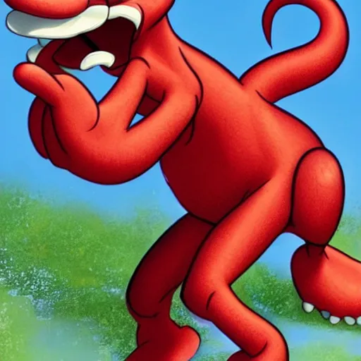 Image similar to red dinosaur mickey mouse, disney style, hq, detailed, realistic