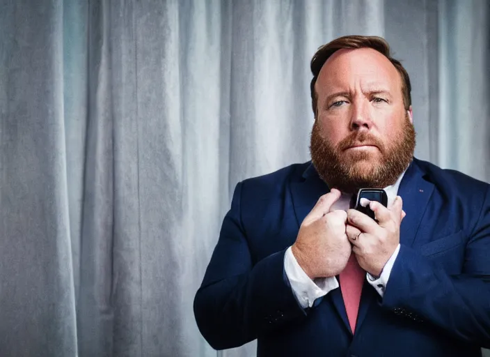 Image similar to dslr photo still of infowars host alex jones in a blue suit fat beard and mustache sitting depressed in a room filled to the ceiling with cell phones, 5 2 mm f 5. 6