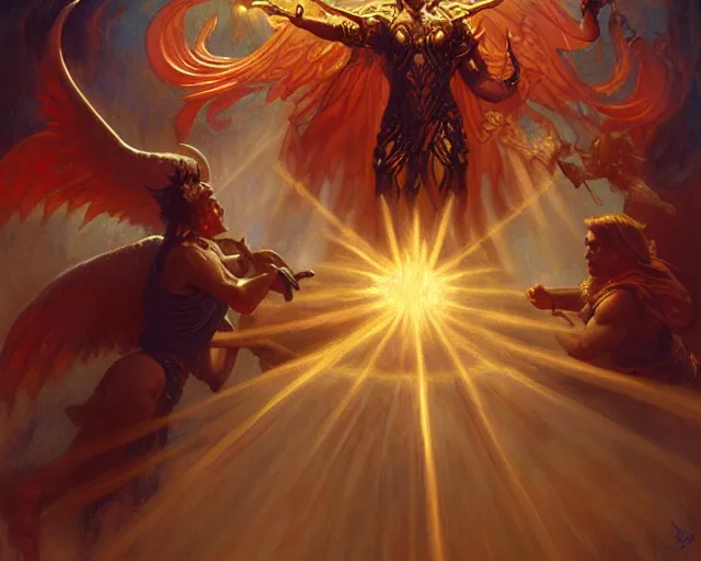 Image similar to attractive male deity, casting demonic magic, summoning handsome lucifer morning star. highly detailed painting by gaston bussiere, craig mullins, j. c. leyendecker 8 k