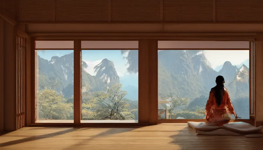 Image similar to woman on the floor looking mountains through windows in old japanese house built on mountains, hyperdetailed, artstation, cgsociety, 8 k