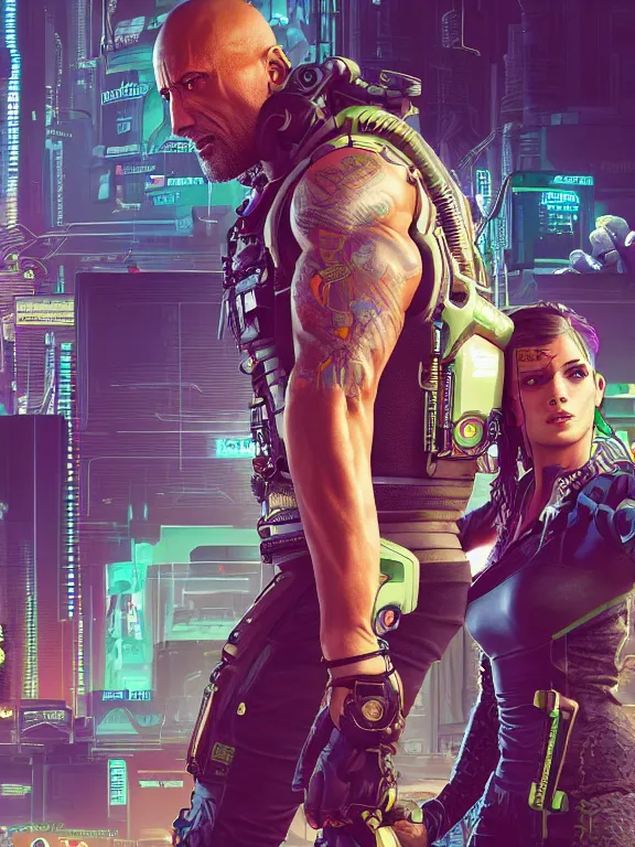 Prompt: a cyberpunk 2077 illustration half body portrait of Dwayne Johnson and a female android with complex mess of cables and wires behind them connected to giant computer, love,film lighting, by laurie greasley,Lawrence Alma-Tadema,William Morris,Dan Mumford, trending on atrstation, full of color, mythological, high detailed,golden ratio,cinematic lighting