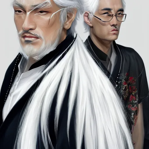 Prompt: a portrait of a white haired parted through the middle young asian man, hyperdetailed black sclera eyes, wearing white kimono with black shirt underneath, D&D, sci-fi, elegant, hopeful, highly detailed, digital painting, artstation, concept art, smooth, sharp focus, illustration