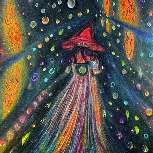 Image similar to dreamy vision of witch walking through heavy rain, epic, cosmic, intricate details, oil on canvas