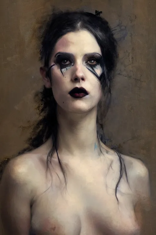 Image similar to Richard Schmid and Jeremy Lipking and Roberto Ferri full length portrait painting of a young beautiful victorian steampunk goth punk rock woman covered head in black except for face
