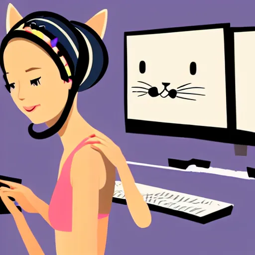 Prompt: cute woman wearing tank top and cat ears plays on computer, digital art