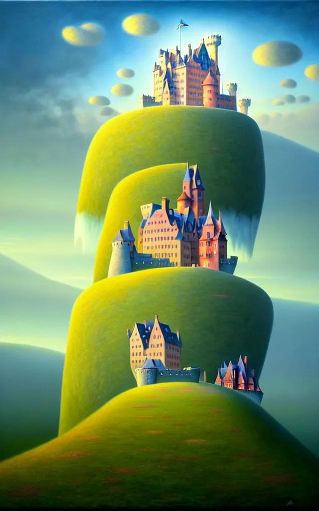 Prompt: close view of a castle an oil on canvas portrait painting of world castle happy place, volumetric light godray, surrealism, surrealist, impossible geometry, rob gonsalves, high detail fantastic gediminas pranckevicius