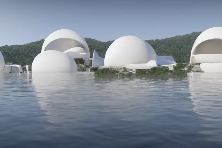 Prompt: the buildings of sejima and pierre cardin, which are formed by the intersection of many white egg shaped spherical spaces, are on the calm lake, human perspective, future, interior wood, marble, award winning, highly detailed 4 k art, dusk, unreal engine highly rendered, global illumination, radial light, internal environment by kazuyo sejima