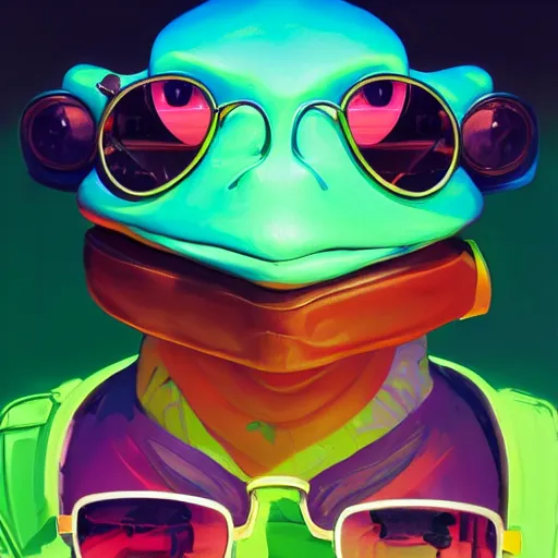 Prompt: portrait of an anthropomorphic frog with futuristic clothes and sunglasses, synthwave, cyberpunk, by jesper ejsing, by rhads, makoto shinkaih and lois van baarle, ilya kuvshinov, rossdraws global illumination, cinematic