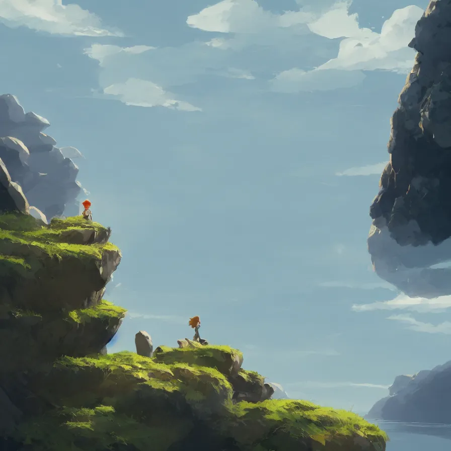 Image similar to Image from afar, man looking from the top of a large rock cliff, the sea hits the large stones hard, the clouds let through subtle rays of light, ilustration art by Goro Fujita, concept art, smooth, sharp focus, ArtStation