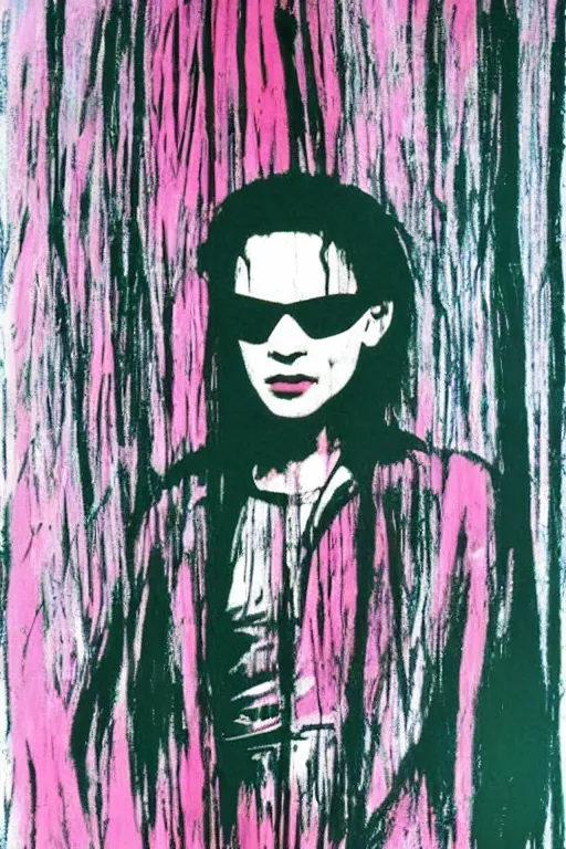 Prompt: neo from matrix painted by andy warhol