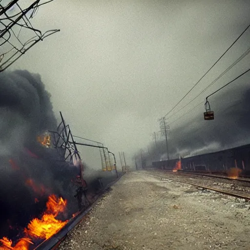 Image similar to trainwreck, boxcar on fire, atmospheric smoke and fog, post-apocalyptic, Cinematic, high detail