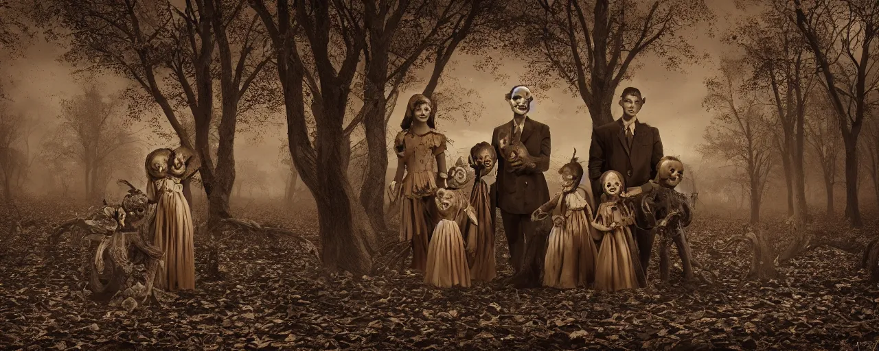 Image similar to a perfect 1950 family wearing pumpkin heads standing in a dead forest, fall season, old world photography, sepia, dead trees, pumpkins, photorealistic, insanely detailed and intricate, epic, volumetric haze, hyper realistic, elegant, ornate, elite, horror, creepy, ominous, haunting, cinematic lighting, metal plate photograph, unreal engine, symmetrical, cinematic centered camera, high detail by Isaac Levitan, Frederic Church and Vasily Perov