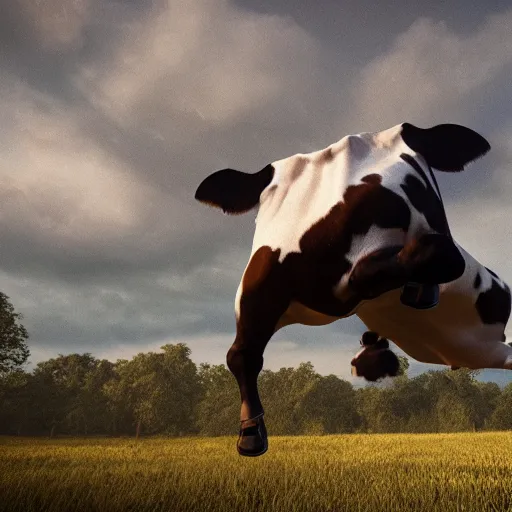 Image similar to portrait of a flying cow, photorealistic, 4 k